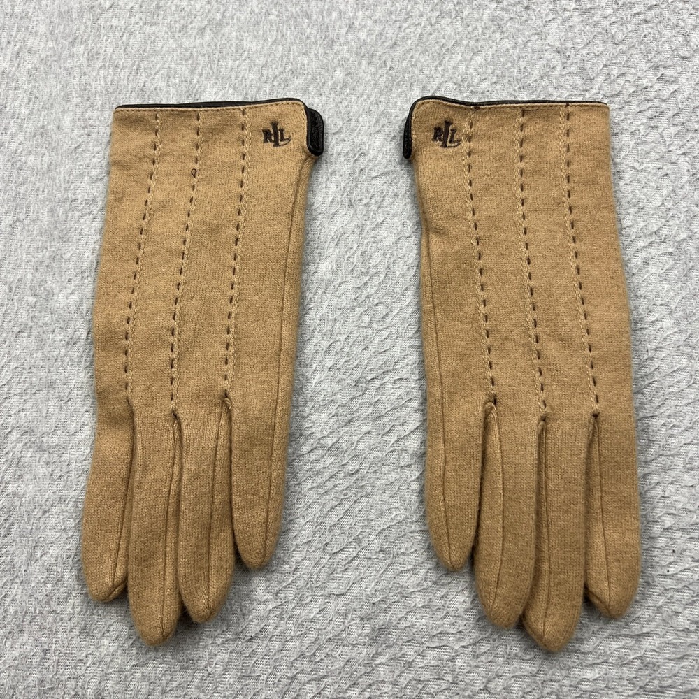 Lauren Ralph Lauren Gloves Womens Large Tan Wool Cashmere Leather Trim Logo Knit